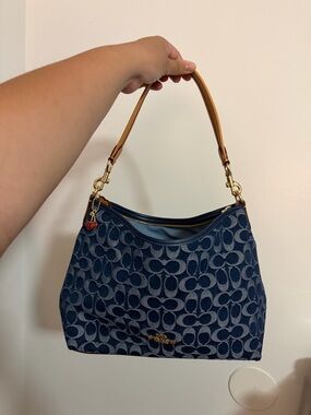 Coach Blue Signature Denim Shoulder Bag with Tan Strap